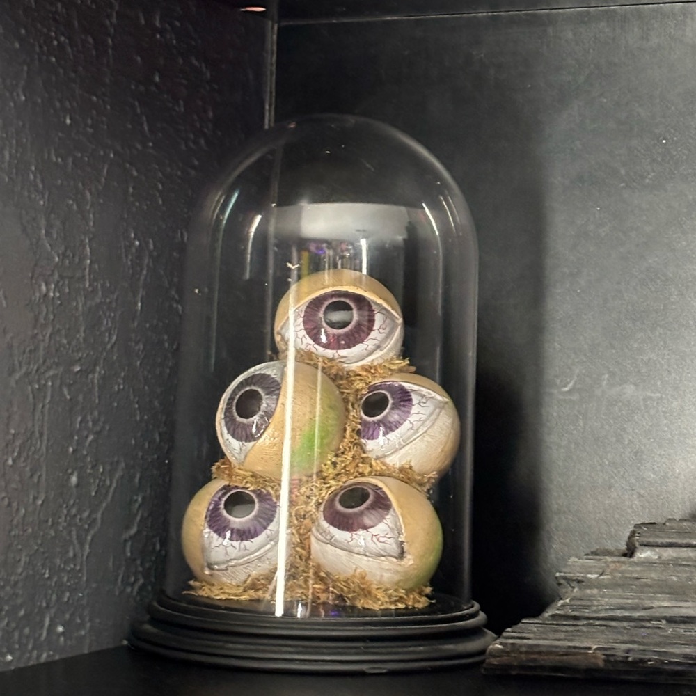 Glass Dome Display with Decorative Eyeball Spheres spooky cloche prop